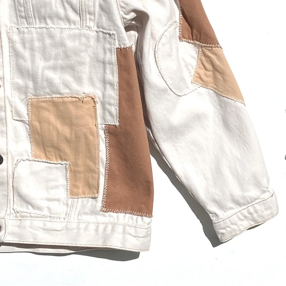 BDG Patchwork Denim Oversized Trucker Jacket Off White Tan. Size Medium. - Picture 6 of 13